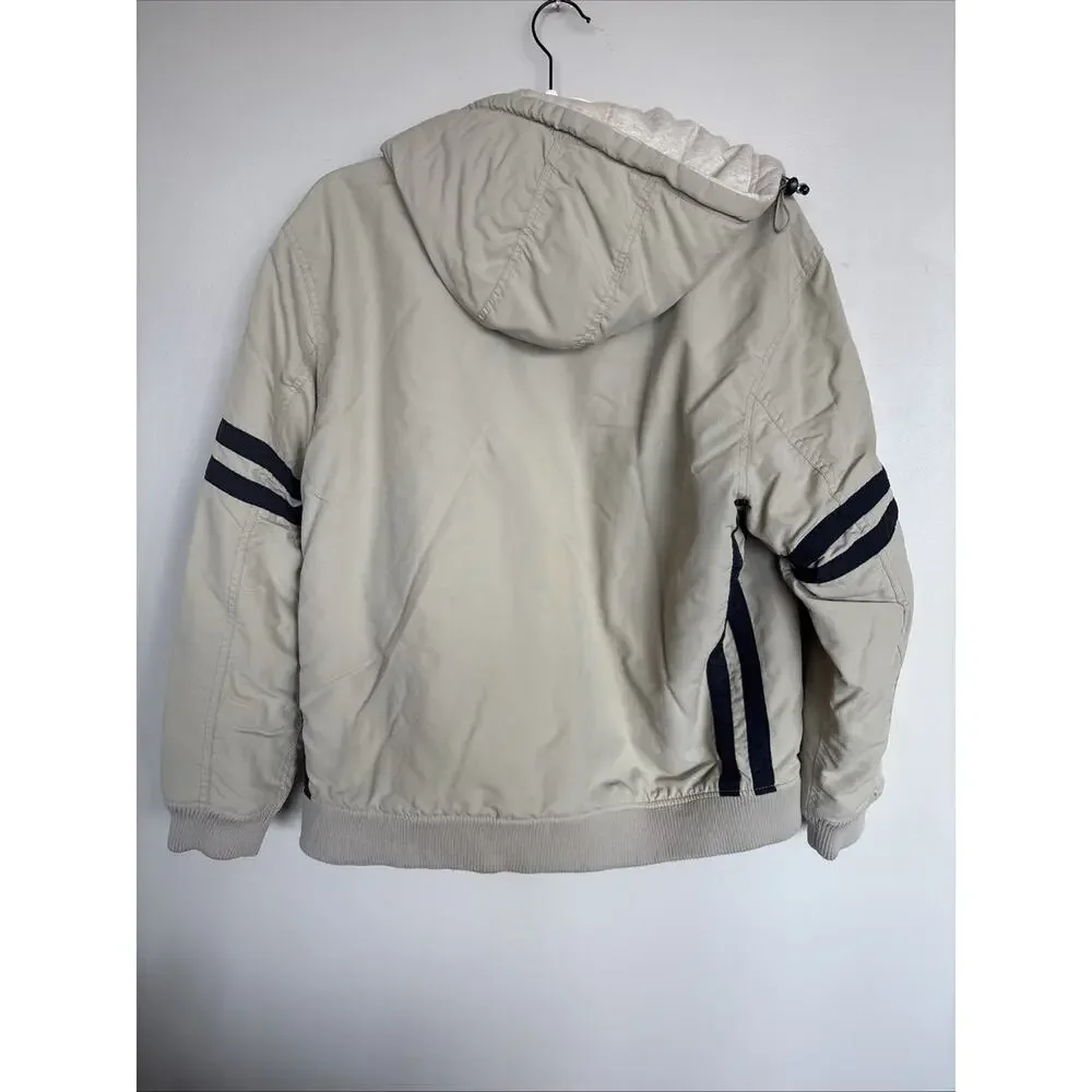Arizona Jean Co Hooded Bomber Jacket Tan Beige Full Zip Striped Sleeve L
